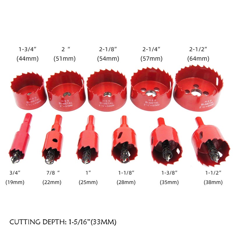 Laiwei Hole Saw Kit, 11 Pcs 3/4" to 2-1/2" General Purpose Hole Saw Drill Bits, HSS Hole Cutter with Arbor for Wood, Plastic, Drywall,Size(19,22,25,28,35,38,44,51,54,57,64) - Image 2